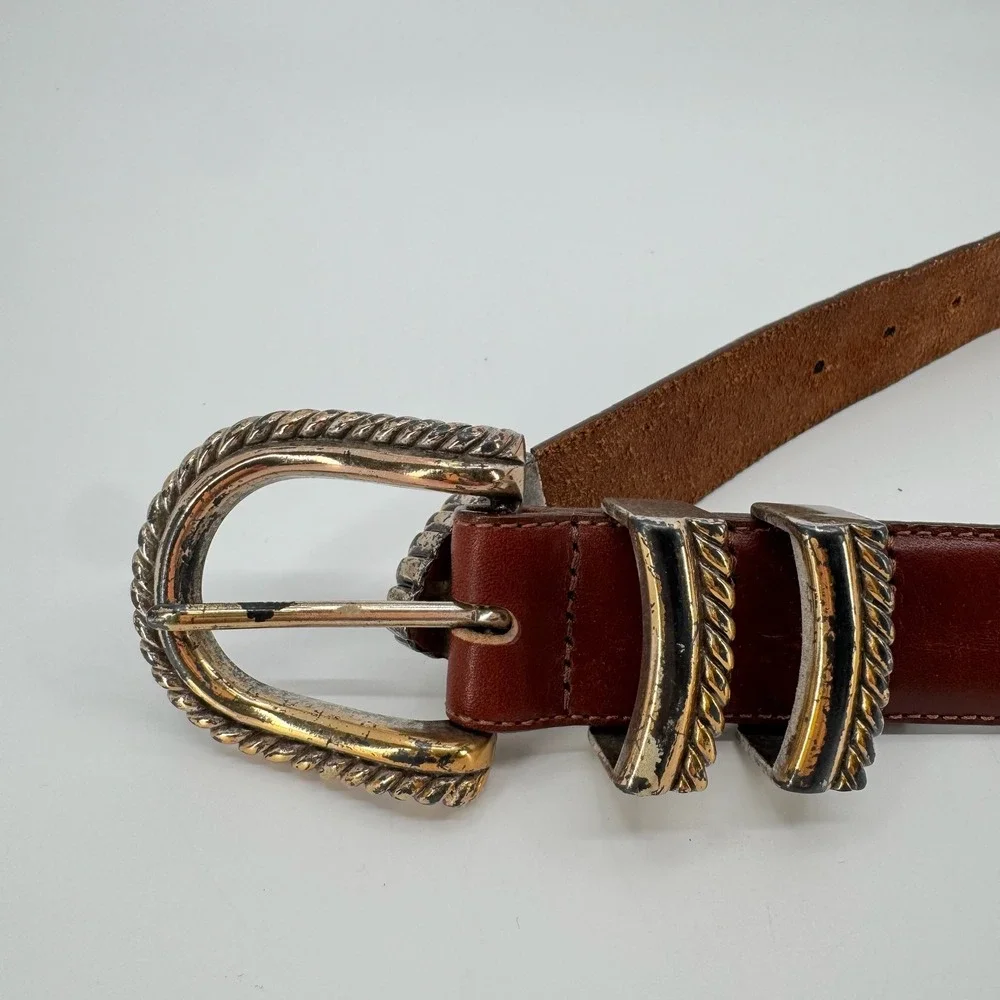Vtg 90s Brighton Belt Womens S Brown Leather Gold Silver Buckle 1993 Western